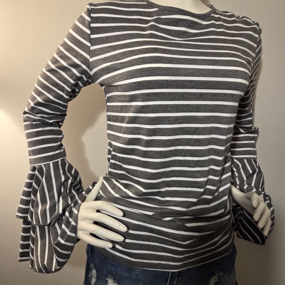 Striped Gray and White Women's Top With Bell Sleeves